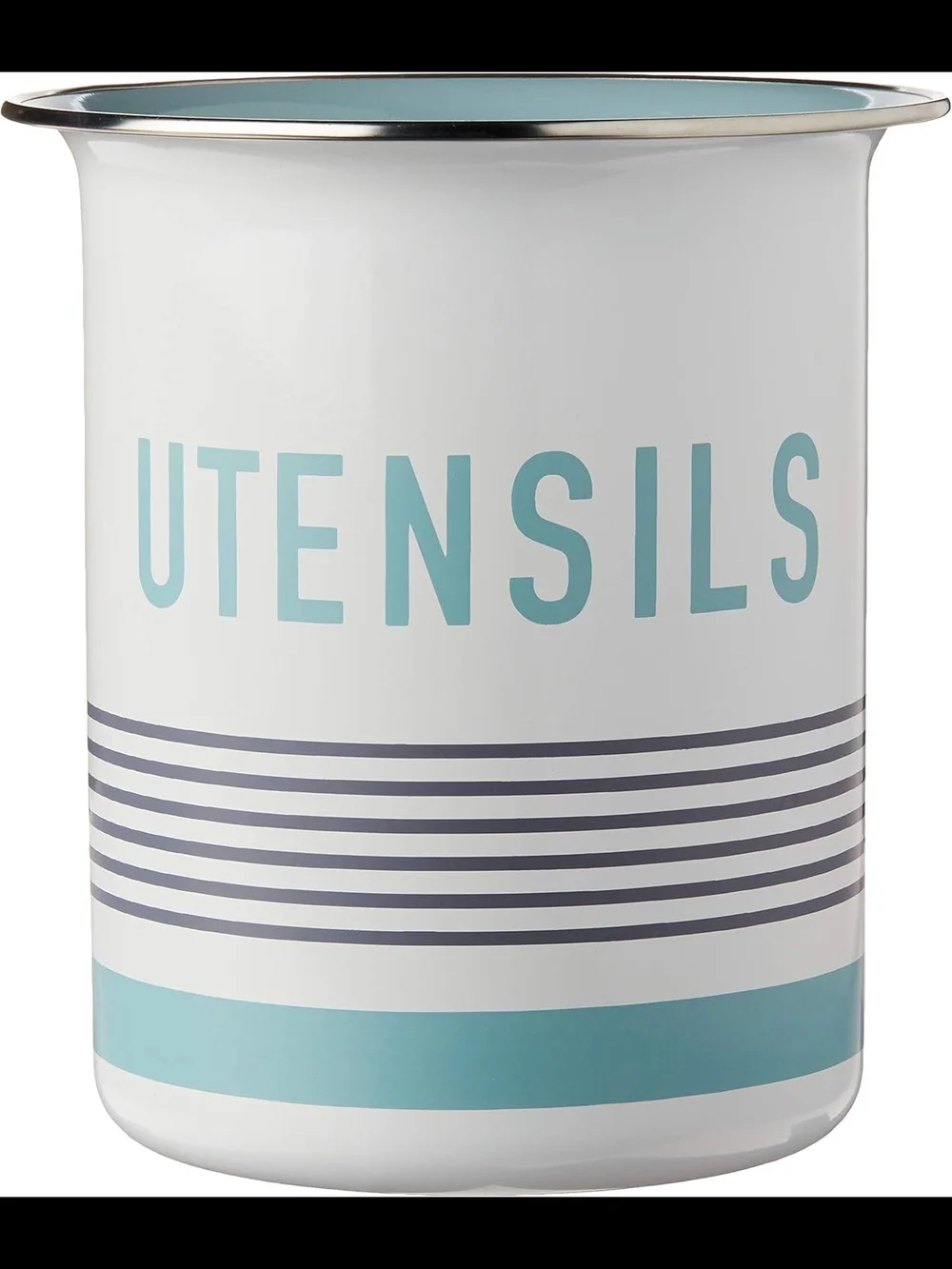 Metal Utensil Crock in White with Aqua Accents